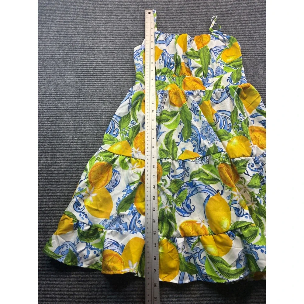 Girls Lemon Citrus Tile Print Tiered Smocked Sundress Floral Yellow Blue 12Y